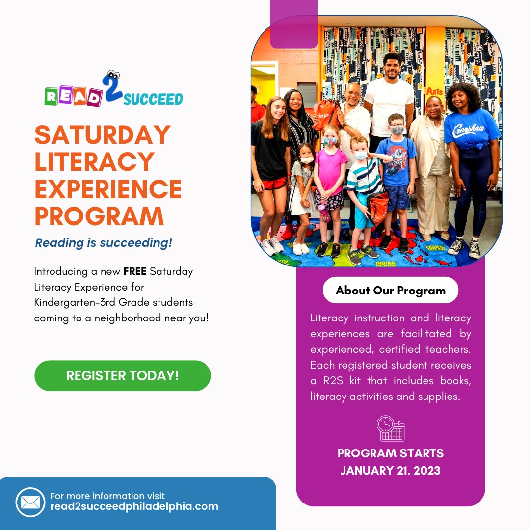 read_2succeed's tweet photo. Our Saturday Literacy Experience Program begins January  21st! 🎉 Just a reminder to register your child so they can participate in this year's weekend program. To register, visit 🔗 https://t.co/ubKYCt6zKD. 

#reading #literacy #saturdayprogram #Read2SucceedPhiladelphia https://t.co/Q9K6cEx2E5
