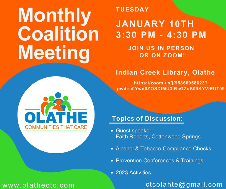 Monthly coalition meeting on Tuesday, January 10th, from 3:30 pm - 4:30 pm. Join us in person at the Indian Creek Library or on Zoom!

zoom.us/j/95866958623?…