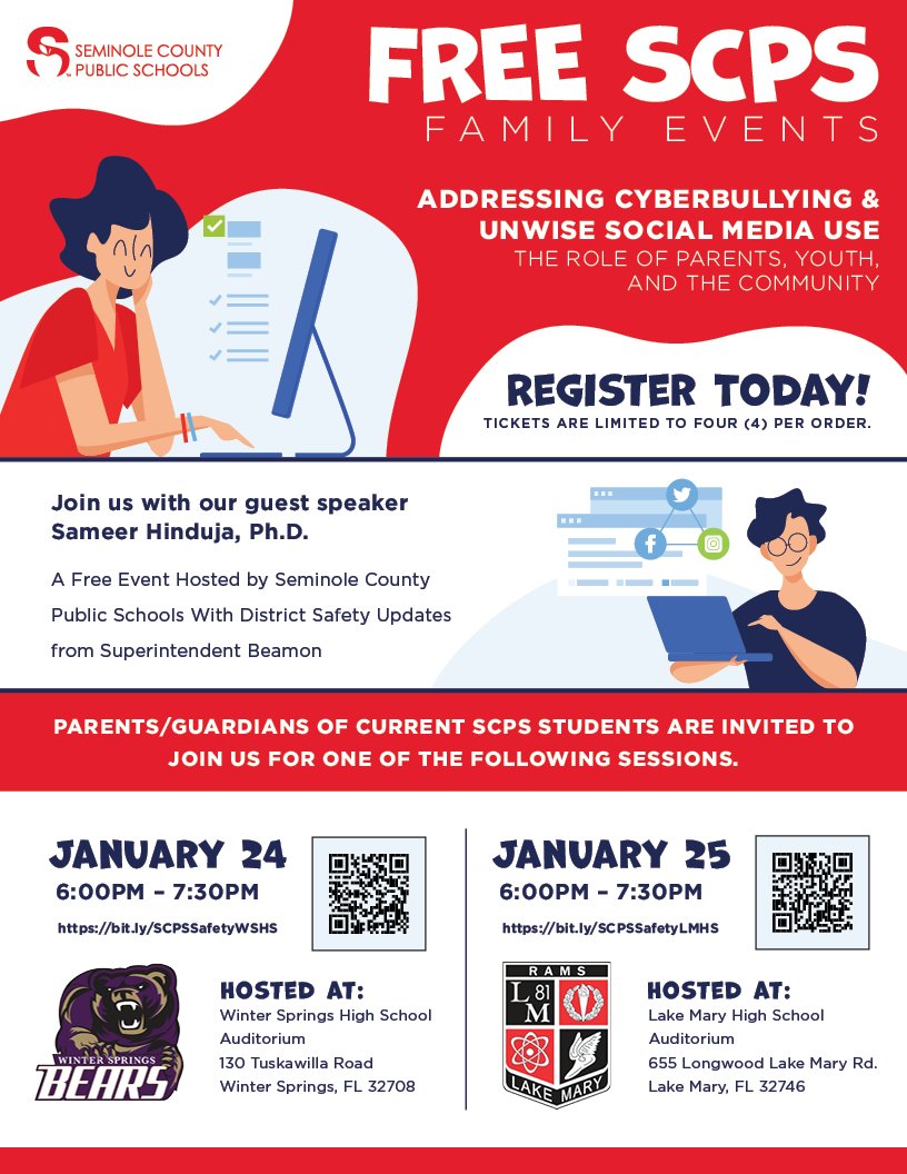 SCPS families - do you ever wish someone would break down cyberbullying or talk about real-life consequences for unwise social media use?  Look no further!  We have two free presentations open to SCPS families to learn and have access to resources for prevention and education.