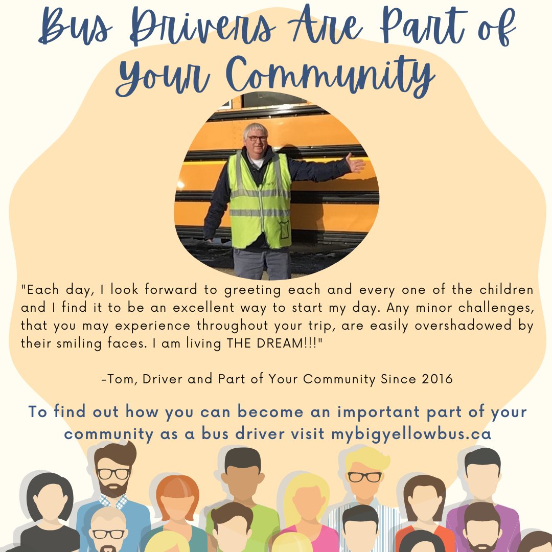 Bus Drivers Are An Essential Part of Your Community Series; they are proud of their work and want to share with you how you could impact your community by becoming a driver.  For information on becoming a driver visit mybigyellowbus.ca/become-a-bus-d…   <a href="/TVDSB/">Thames Valley DSB</a> <a href="/LDCSB/">London District Catholic School Board</a>