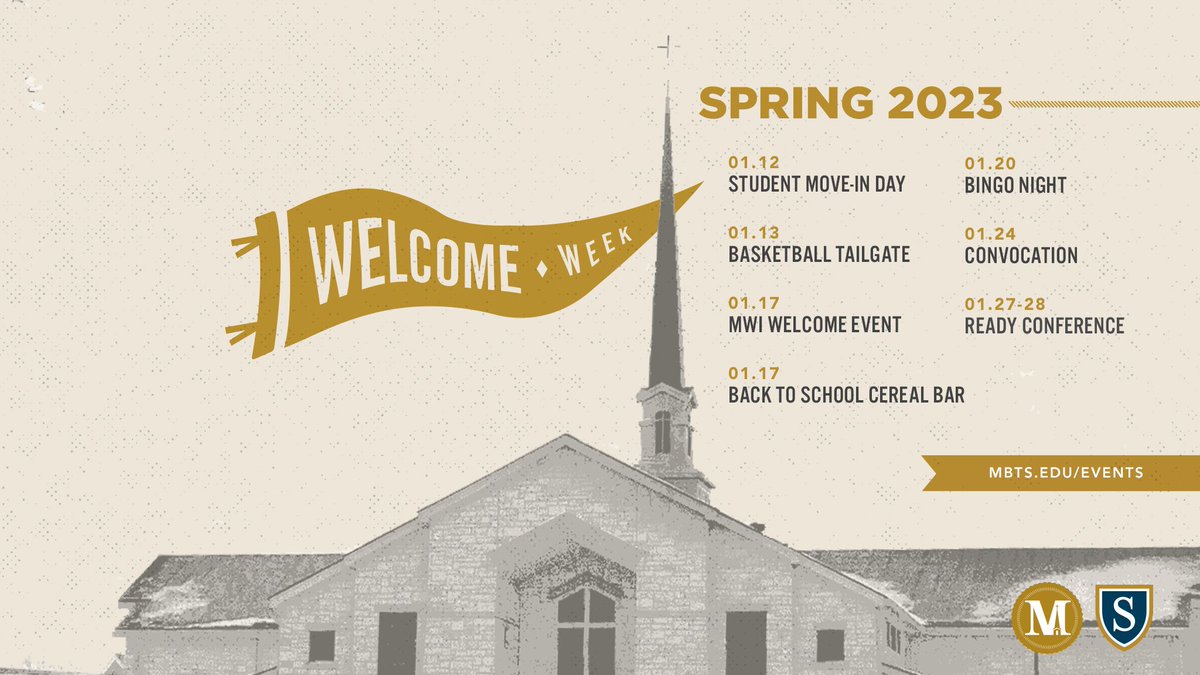 MBTS's tweet photo. Mark your calendar for Spring '23 #MBTSWelcomeWeek!
🏡 1/12: Move-In Day
🏀 1/13: Basketball Tailgate
🥣 1/17: Cereal Bar
🌿 1/17: @MWIConnect Welcome
📝 1/20: Bingo Night
⛪ 1/24: Convocation
📍1/27-1/28: READY Conference at @SpurgeonColl
MORE INFO: https://t.co/UaXEt5yaiN https://t.co/HqT4eH5aqi