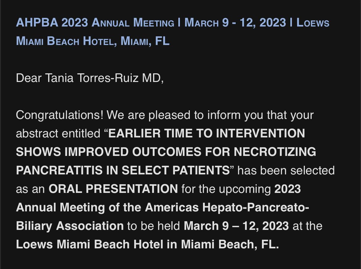 Many congratulations to our superstar research resident Tania Torres-Ruiz, MD, PGY-3, on her research study being selected for an oral podium presentation at this year’s AHPBA conference! A deep dive into the step-up approach for necrotizing pancreatitis! #RocketSurgery