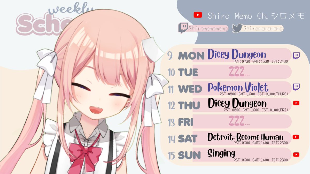 ShiroMemomemo's tweet photo. 【Schedule!!】9/1 - 15/1
Last time I made a schedule, it was a month ago
so.. yeah
・General: #Shiromemo
・Stream: #MemoReSTART
・Fan Art: #MEMOsketch
・Fan name: #memodachi
・Meme/clips/funny video: #mememo
Schedule art by @/yuentsz123 https://t.co/7nIRsl7NwY