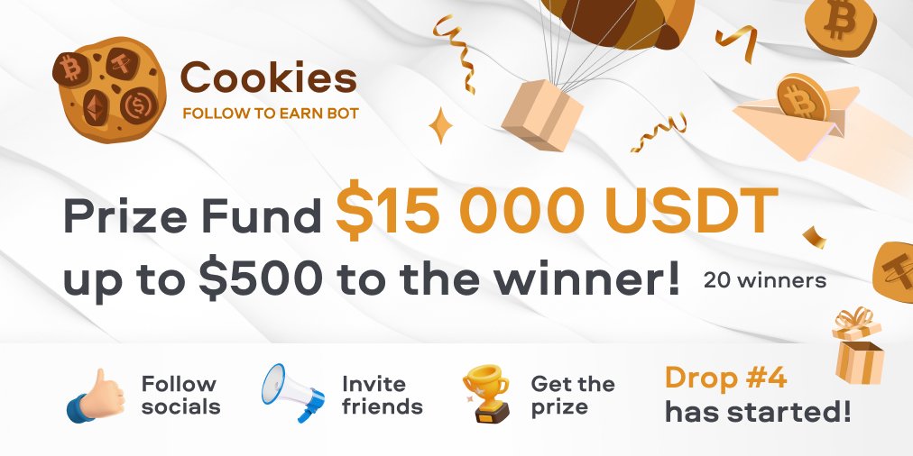 ⚡️#4 Cookies Contests Begin!
Every week Cookies rewards active participants💰
👉t.me/cookies_f2e_bot
🤩Prize pool: $3000 USDT
📆Friday, Jan. 13.
🏆winners: 10 TOP referrals up to $500 to a winner! 
+10 random "TwitterFan" participants gets $30 each.
❓: t.me/cookies_f2e_ch…