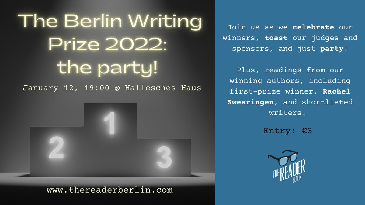 🎊It's a party and a ton of great readings by Matt Perkins, Young Radar, @RachelSwearinge, <a href="/2busy2bhere/">Deirdre Shanahan</a>, @writesintallinn, <a href="/maryfranklin07/">Mary Franklin</a>, Rosemarie Geary, Lukas Kofoed Reimann! Meet the winning authors this Thursday, January 12 at <a href="/HalleschesHaus/">Hallesches Haus</a>! 🥂 thereaderberlin.com/berlin-writing…