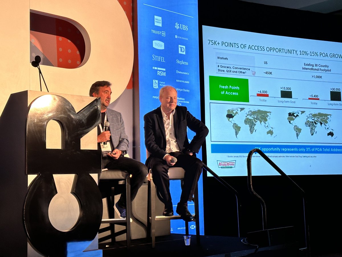 jonathanmaze's tweet photo. Krispy Kreme CEO Mike Tattersfield mentioning a deal with an unnamed QSR where it is testing the sale of its doughnuts. (That QSR is McDonald’s.) #ICRConference $DNUT https://t.co/4i6LntZUJx