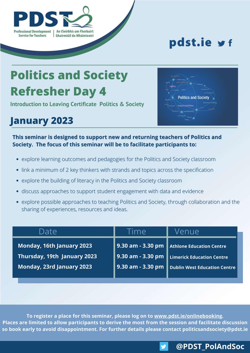 The <a href="/PDST_PolAndSoc/">PDST_PolAndSoc</a> team are looking forward to welcoming new or returning teachers of Politics and Society to our January Refresher Day.
This is the fourth in a series of seminars designed to support teachers of LC Politics and Society.

Details below👇 <a href="/PDSTie/">PDST</a> <a href="/PDST_PolAndSOC/">PDST_PolAndSoc</a>