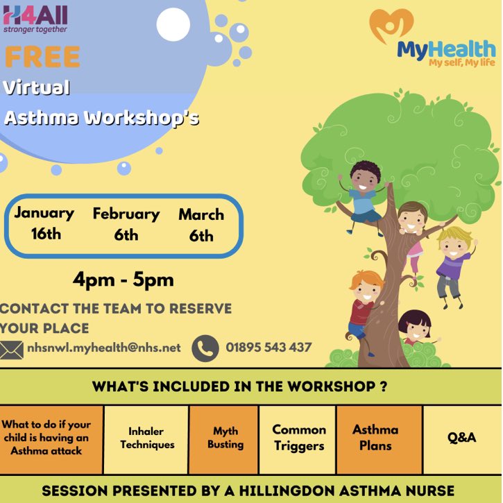 Parkside_Studio's tweet image. FREE Asthma Workshop!

The workshops are run online via ZOOM from 4:00pm to 5:00pm and you can register your FREE place here: eventbrite.co.uk/e/myhealth-ast…
They are taking place on January 16th, February 6th and March 6th.
You can also contact the MyHealth team on tel: 01895 543 437