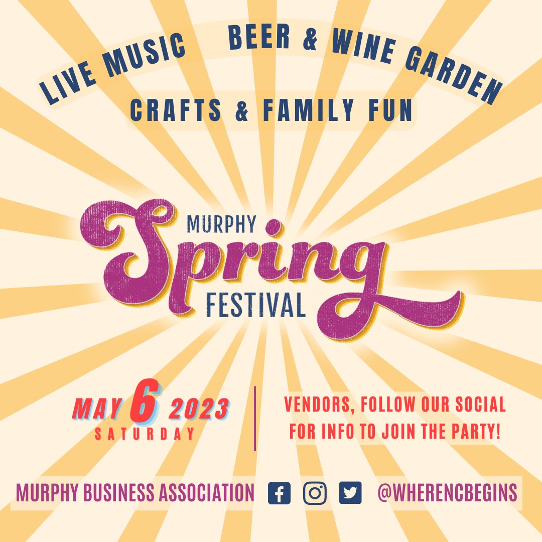 We hope your resolution for 2023 is to have more fun in Murphy! 

Mark your calendar for Sat. May 6!

VENDORS, we'll post the app & details for you this week... stay tuned!
☔ Rain Date: May 7th
#livemusic #craftbeer #wine #craftvendors #foodtrucks #familyfun #whereNCbegins
