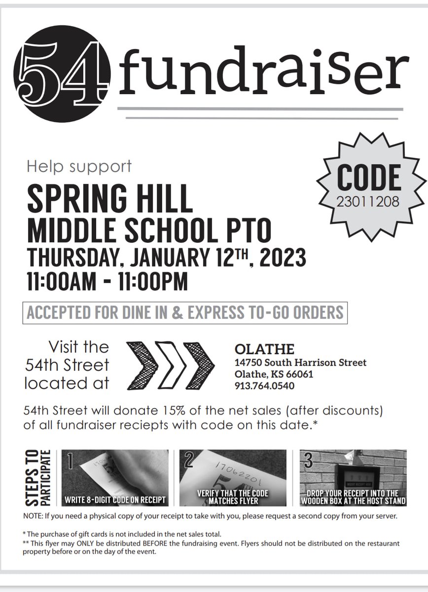 SHMSMavericks's tweet photo. ICYMI on the PTO page: support PTO this Thursday by dining at 54th street in Olathe. PTO does so many great things to support our school! Let's support them this week! #Learn230 #SHMSPTORocks https://t.co/oHQ7e8omj3