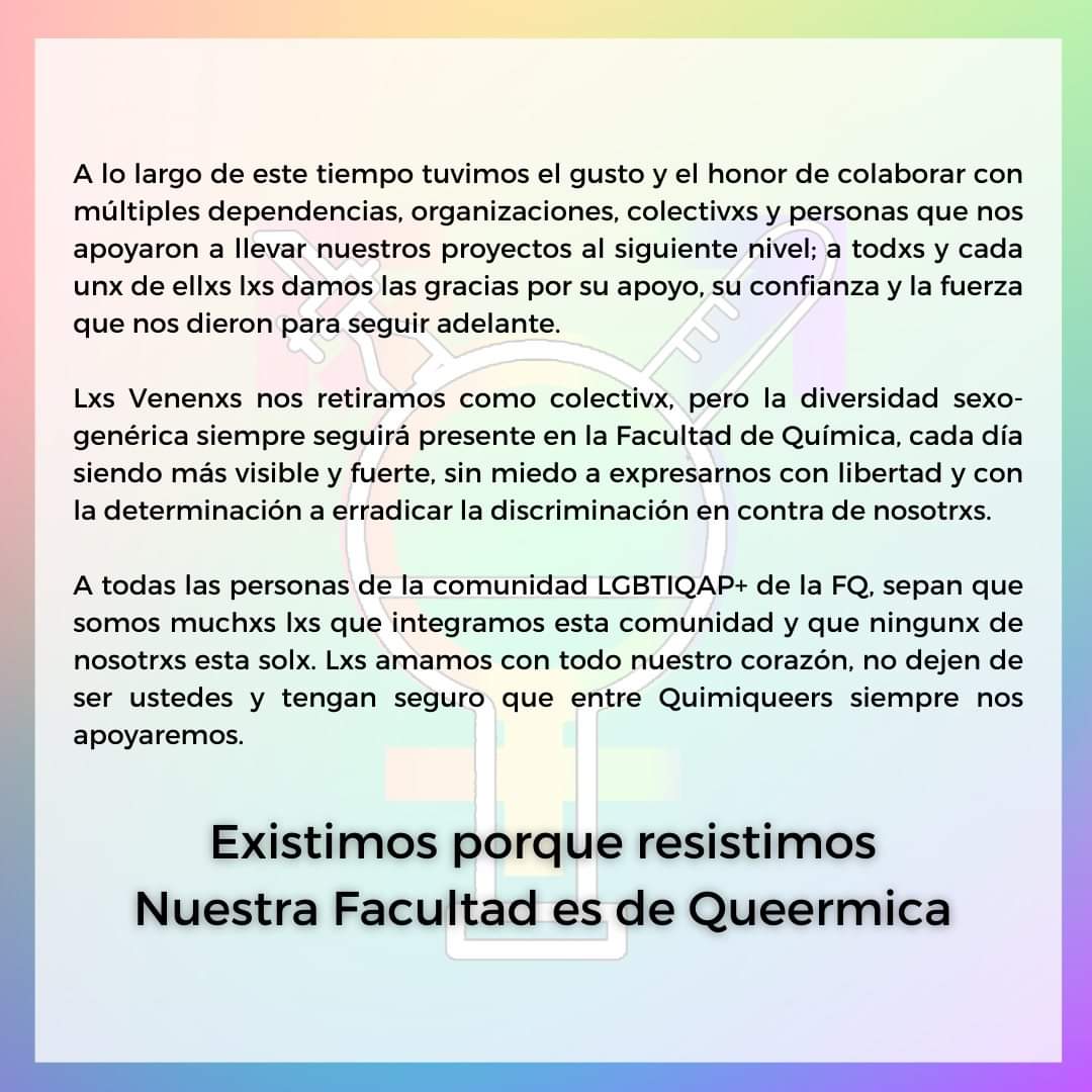 venenxsbismutx's tweet photo. Oficialmente nos despedimos. Lxs amamos, gracias por todo.
❤️🧡💛💚💙💜🖤🤍🤎
#venenxsdebismutx #despedida #colectivx #unam #lgbt #pride #queer #FQ #FacultadDeQuimica #quimica #orgullo #gay #trans #unamsinviolencia #diversidad #quimiqueers #unamlgbt #nobinarix #mispronombres https://t.co/ECngHblDXk