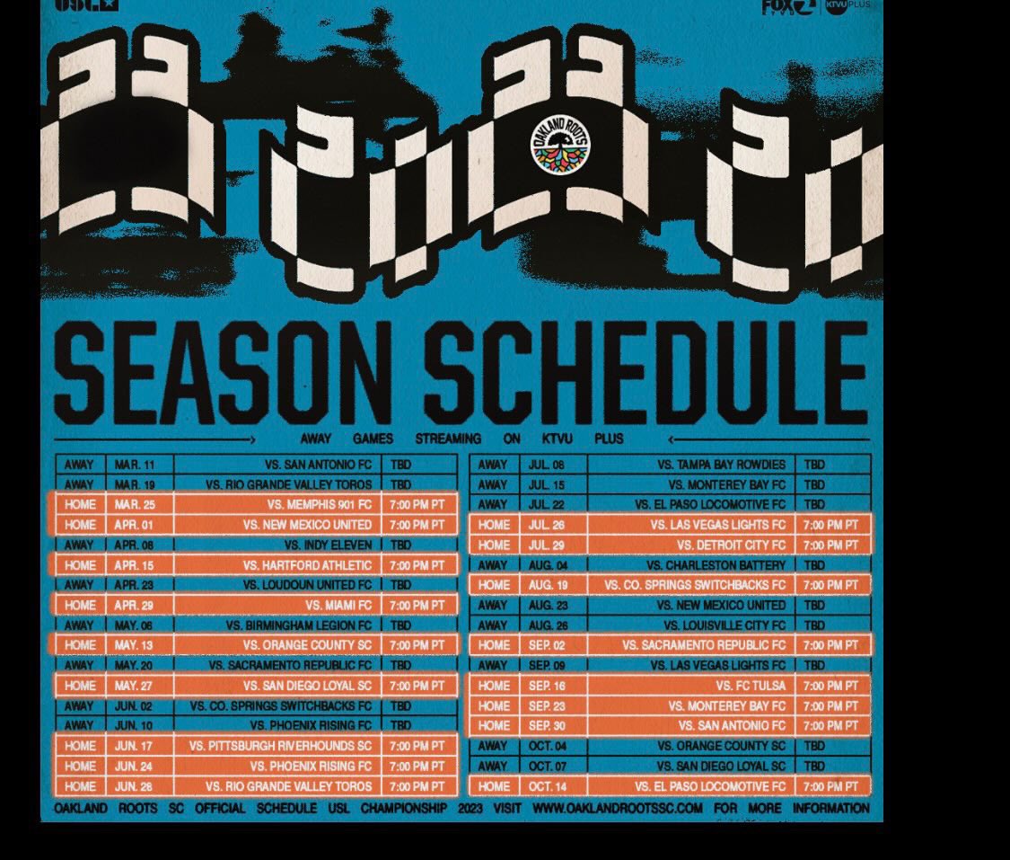 Oakland68s's tweet photo. @oaklandrootssc 2023 schedule just dropped! What road games are in your plans this year? A lot are looking pretty tempting. #FOCFOT #LFGR https://t.co/PLrjyR1s5O