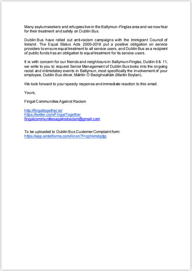 Consider sharing or using our complaint to <a href="/dublinbusnews/">dublinbusnews</a> about the role of their employee Máirtín Ó Baoighealláin (Martin Boylan) in inciting hatred against people seeking refuge who currently reside in #Ballymun #Ireland #Dublin #DublinBus #AntiRacism #Antifascism