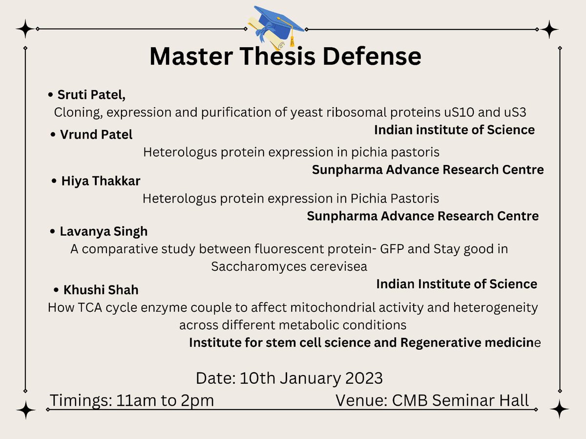 vsicmb's tweet photo. We cordially invite everyone for the Masters Thesis Defence presentation. The 5th year students of VSICMB will be presenting their work carried out in their https://t.co/IVlYTl6MN7 dissertations. 
Date: 10th January &amp; 10th January 2023
Venue: Seminar hall, VSICMB https://t.co/JfP0UBDY41