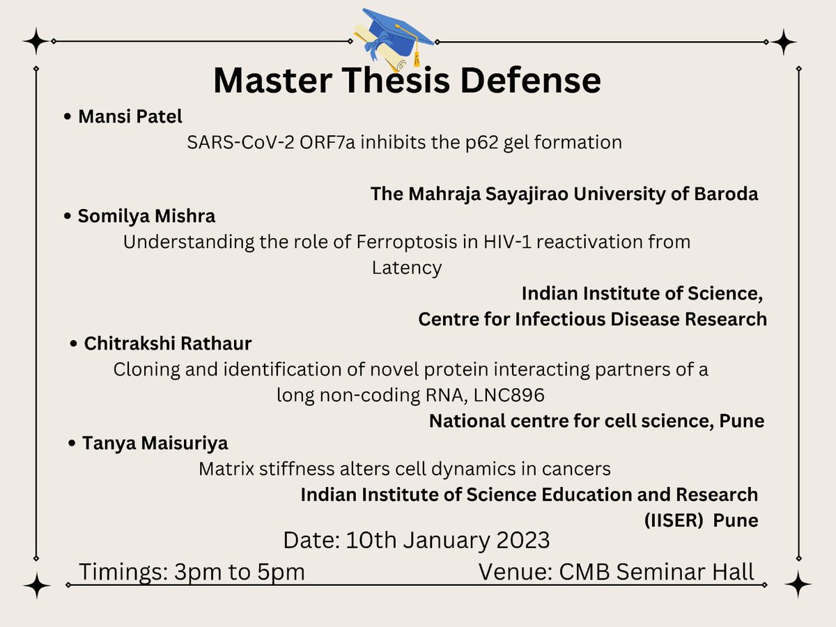 vsicmb's tweet photo. We cordially invite everyone for the Masters Thesis Defence presentation. The 5th year students of VSICMB will be presenting their work carried out in their https://t.co/IVlYTl6MN7 dissertations. 
Date: 10th January &amp; 10th January 2023
Venue: Seminar hall, VSICMB https://t.co/JfP0UBDY41