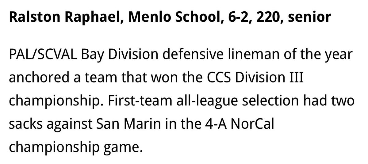 ralstonraphael1's tweet photo. Blessed to be named second team all Bay Area defensive lineman! @CoachMikeHillSF @MenloKnights @menloschool https://t.co/wysHyGnqGb
