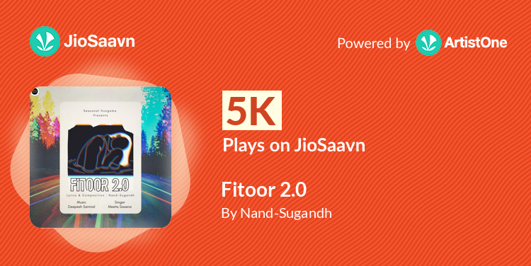 NandSugandh's tweet photo. "Fitoor 2.0" crossed 5K streams mark on #JioSaavn.
Thank you so much for your love ❣️
Listen the track now 😉
https://t.co/ZA3HMGLont
#Fitoor #Song2022 #NandSugandh #Playlists #MeetaSaxena #DeepeshSanmal https://t.co/6HMVvt4B6g