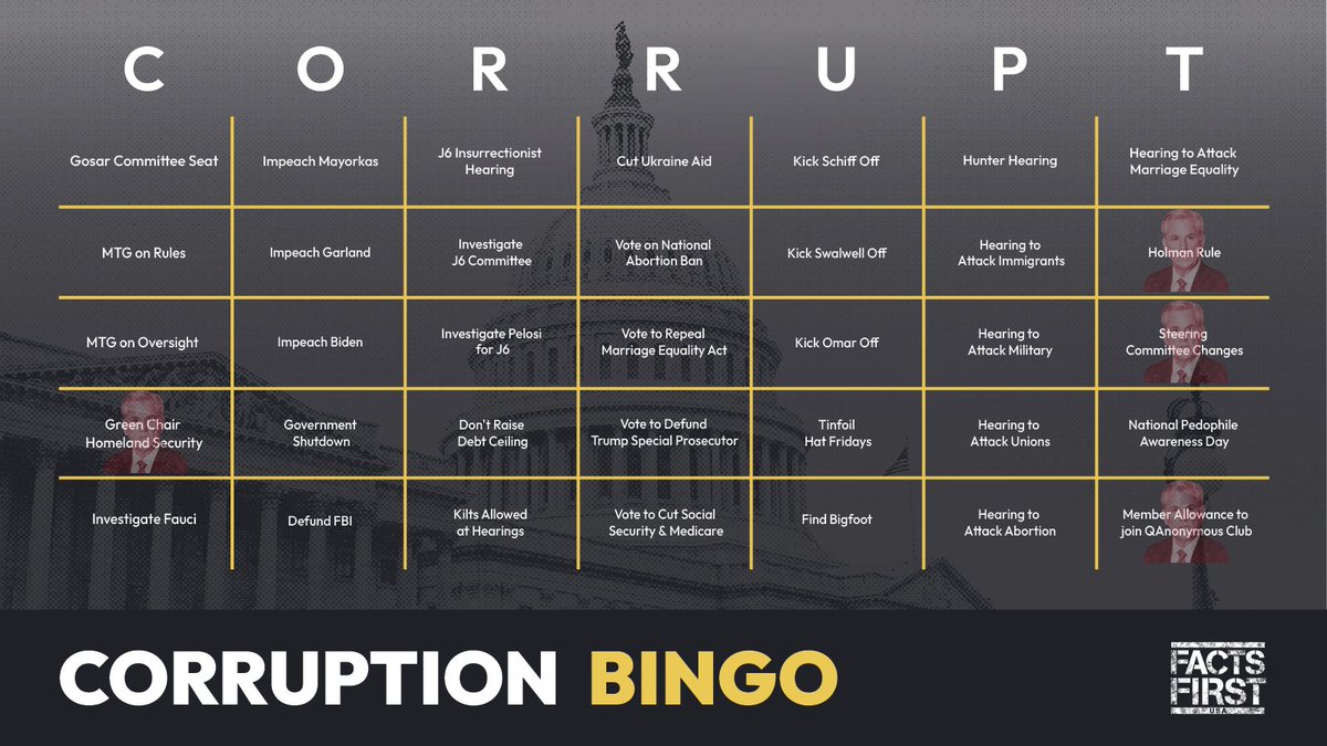FactsFirstUSA's tweet photo. For those of you playing along at home, we have a new #CorruptBargain Bingo square to mark off! 

@RepMarkGreen is your new Homeland Security Cmte Chair. How many committees will the #MEGAMAGA end up with after @SpeakerMcCarthy sold out to get the needed #SpeakerVotes last week? https://t.co/WCrOYWmZOt