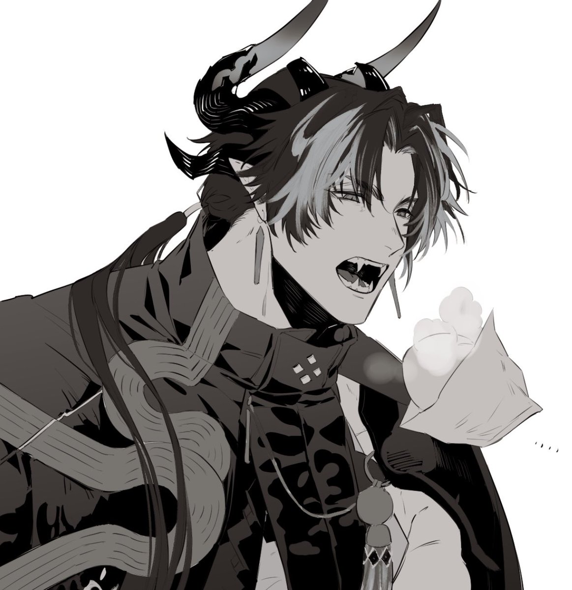 male focus 1boy horns monochrome solo open mouth greyscale  illustration images