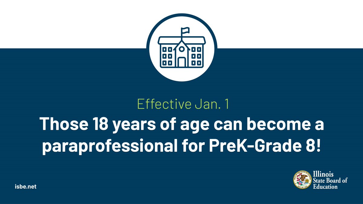 Illinois State Board of Education (@isbenews) on Twitter photo If you are 18 years of age, you may qualify to be a paraprofessional in preK through Grade 8 classrooms.  You must apply for the Paraprofessional License in your ELIS account and meet the current requirements listed at isbe.net/Pages/paraprof… If you are 18 years of age, you may qualify to be a paraprofessional in preK through Grade 8 classrooms.  You must apply for the Paraprofessional License in your ELIS account and meet the current requirements listed at isbe.net/Pages/paraprof…