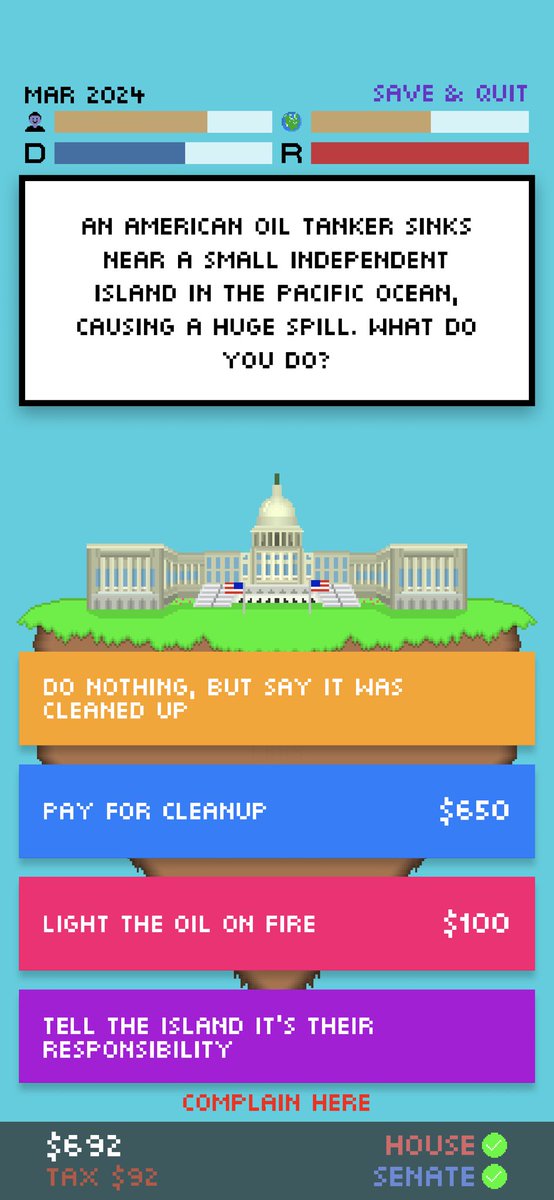 JustinAlexP's tweet photo. The cult classic president simulator is getting a sequel, and it’s better than ever!

#Impeached2 has:
– Both chambers of Congress👨‍⚖️
– A voting population🗳️
– Modifiable tax rate💸

Try the public beta on TestFlight!

https://t.co/6St6KXzqqL

#gamedev #indiedev #indiegame https://t.co/GV9p9MAvoo