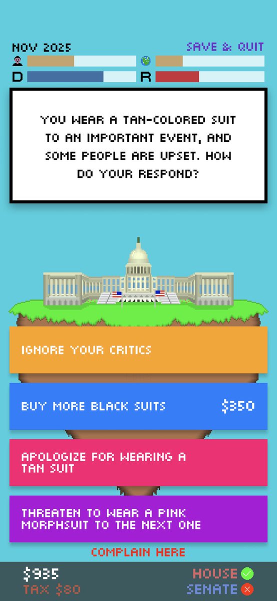 JustinAlexP's tweet photo. The cult classic president simulator is getting a sequel, and it’s better than ever!

#Impeached2 has:
– Both chambers of Congress👨‍⚖️
– A voting population🗳️
– Modifiable tax rate💸

Try the public beta on TestFlight!

https://t.co/6St6KXzqqL

#gamedev #indiedev #indiegame https://t.co/GV9p9MAvoo