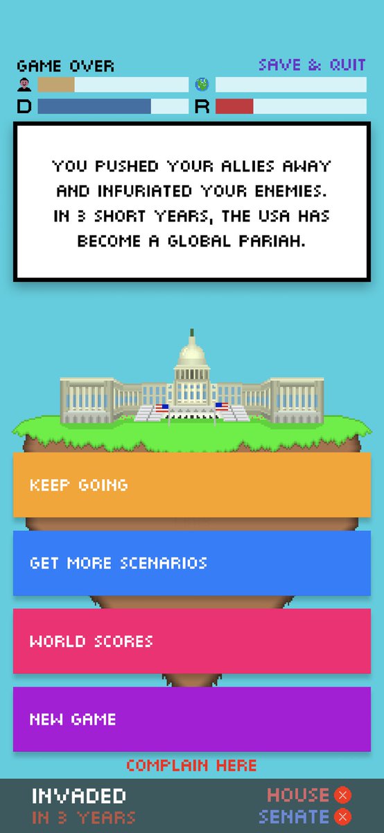JustinAlexP's tweet photo. The cult classic president simulator is getting a sequel, and it’s better than ever!

#Impeached2 has:
– Both chambers of Congress👨‍⚖️
– A voting population🗳️
– Modifiable tax rate💸

Try the public beta on TestFlight!

https://t.co/6St6KXzqqL

#gamedev #indiedev #indiegame https://t.co/GV9p9MAvoo