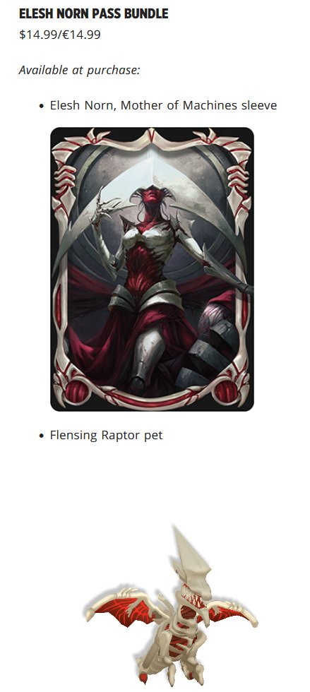 Elesh Norn Pass bundle includes Elesh Norn, Mother of Machines sleeve, card,  and style, the Mastery Pass, and Flensing Raptor pet - $14.99
