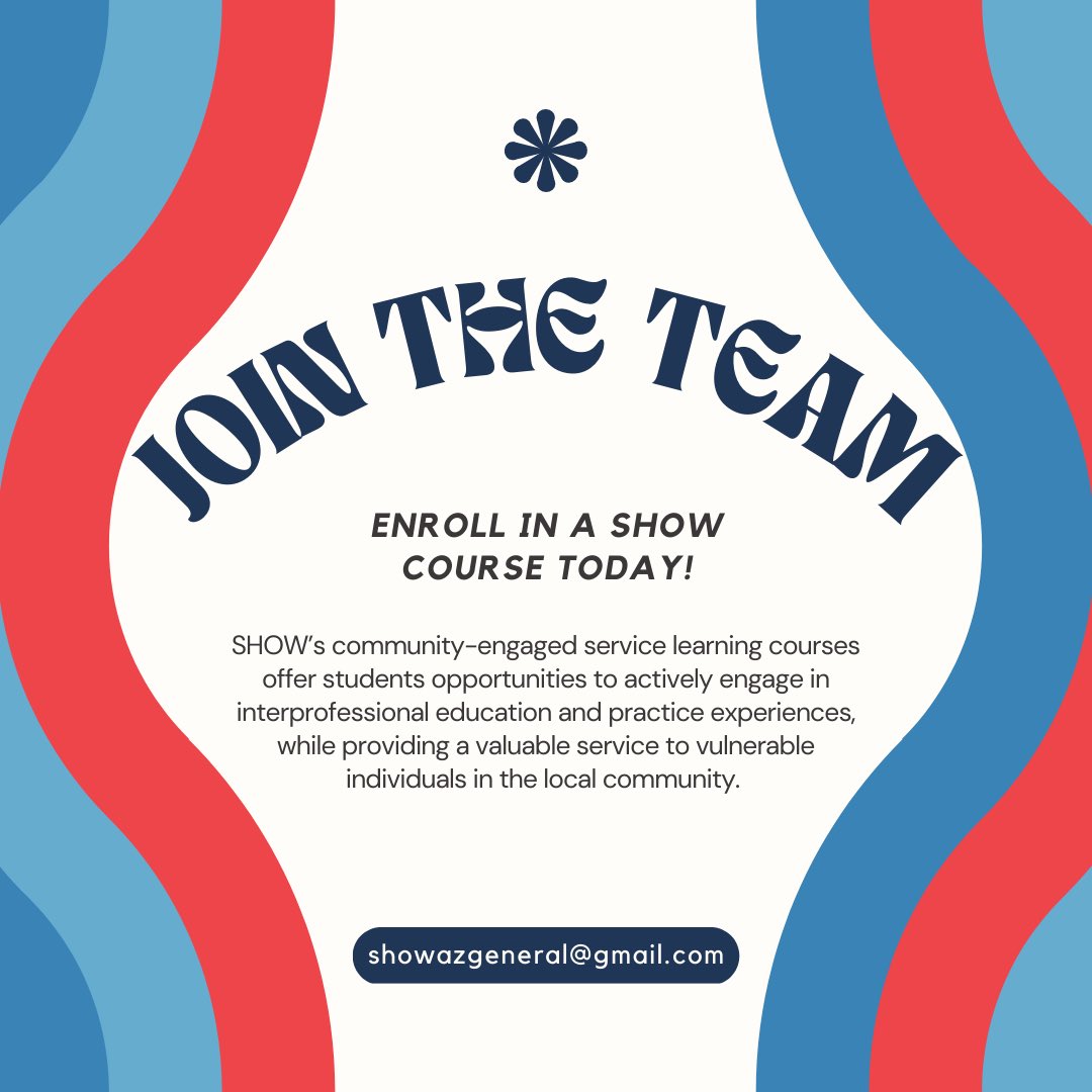 #FOMO: 📆 Enroll in a <a href="/showazclinic/">SHOW</a> course by 1/15!

‼️Open to ALL <a href="/ASU/">Arizona State University</a> majors
‼️Hands on mentorship &amp; field experience 
‼️Join an #interprofessional team passionate about serving the #community

🔗: lnkd.in/gED9J-K8

#CareBeyondWalls #ServiceLearning #WorkforceDevelopment