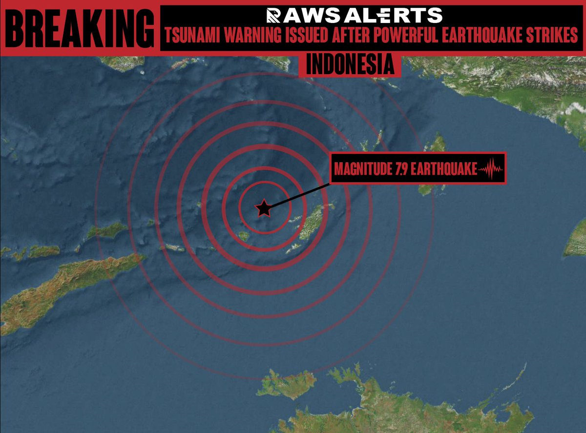 rawsalerts's tweet photo. 🚨#BREAKING: Tsunami warning issued after 7.9M earthquake strikes near Indonesia   📌#Indonesia  
Currently, a tsunami warning has been issued after a Powerful earthquake measuring 7.9 strikes in the Banda Sea near parts of Indonesia and Australia this is still developing https://t.co/FYYZZHRLJk