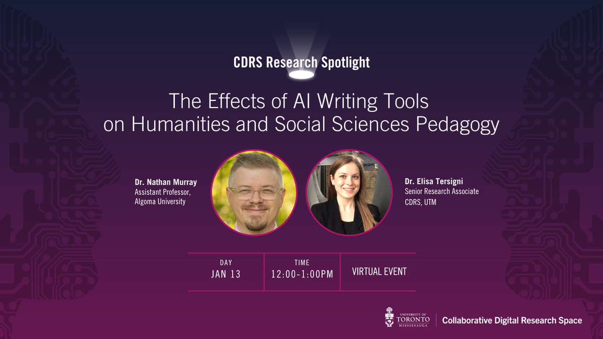 UTM_Research's tweet photo. ✍️ TALK | JAN 13 | 12PM

What are the pedagogical effects of the new AI writing tools — and how can you integrate them into your classroom? This Friday, join Nathan Murray and Elisa Tersigni for a lunchtime CDRS Spotlight on AI writing tools. Register at https://t.co/7HYUrIVTRs. https://t.co/9lyeB4HlC3