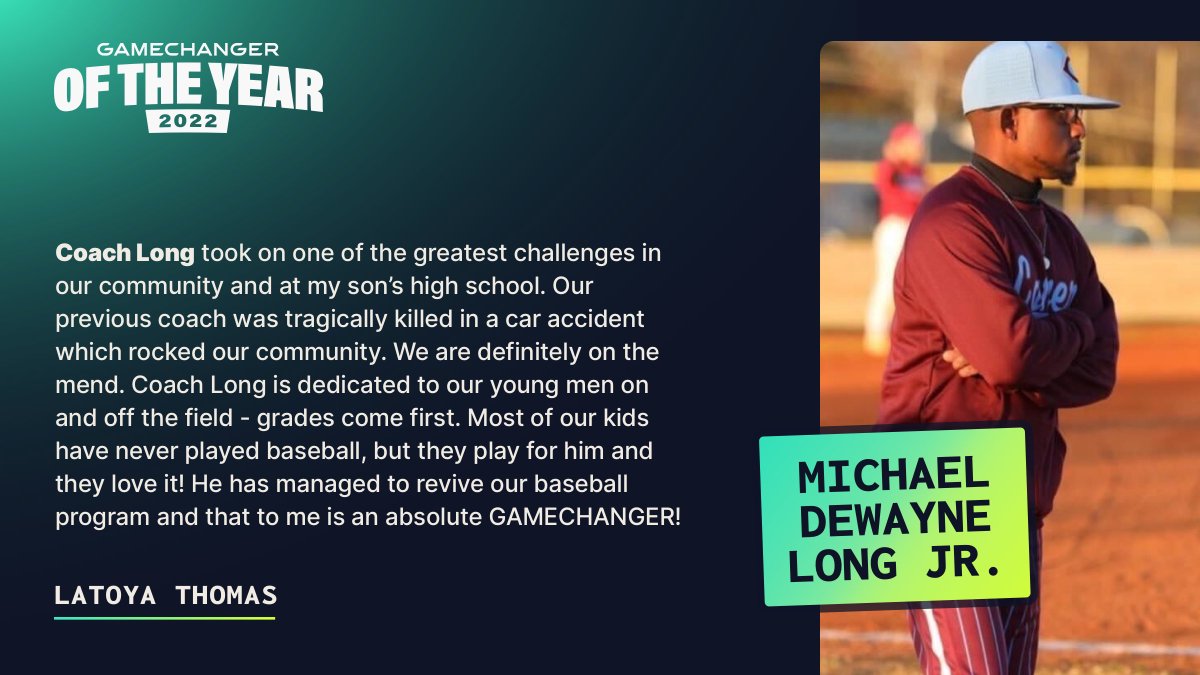 We are thrilled to announce that @Carver_Base Michael Dewayne Long Jr. has been selected as the '22 GameChanger of the Year! Coach, thank you for everything you do for the youth sports community. We are better because of you. Congratulations! 🏆

For more: bit.ly/3olOj9t