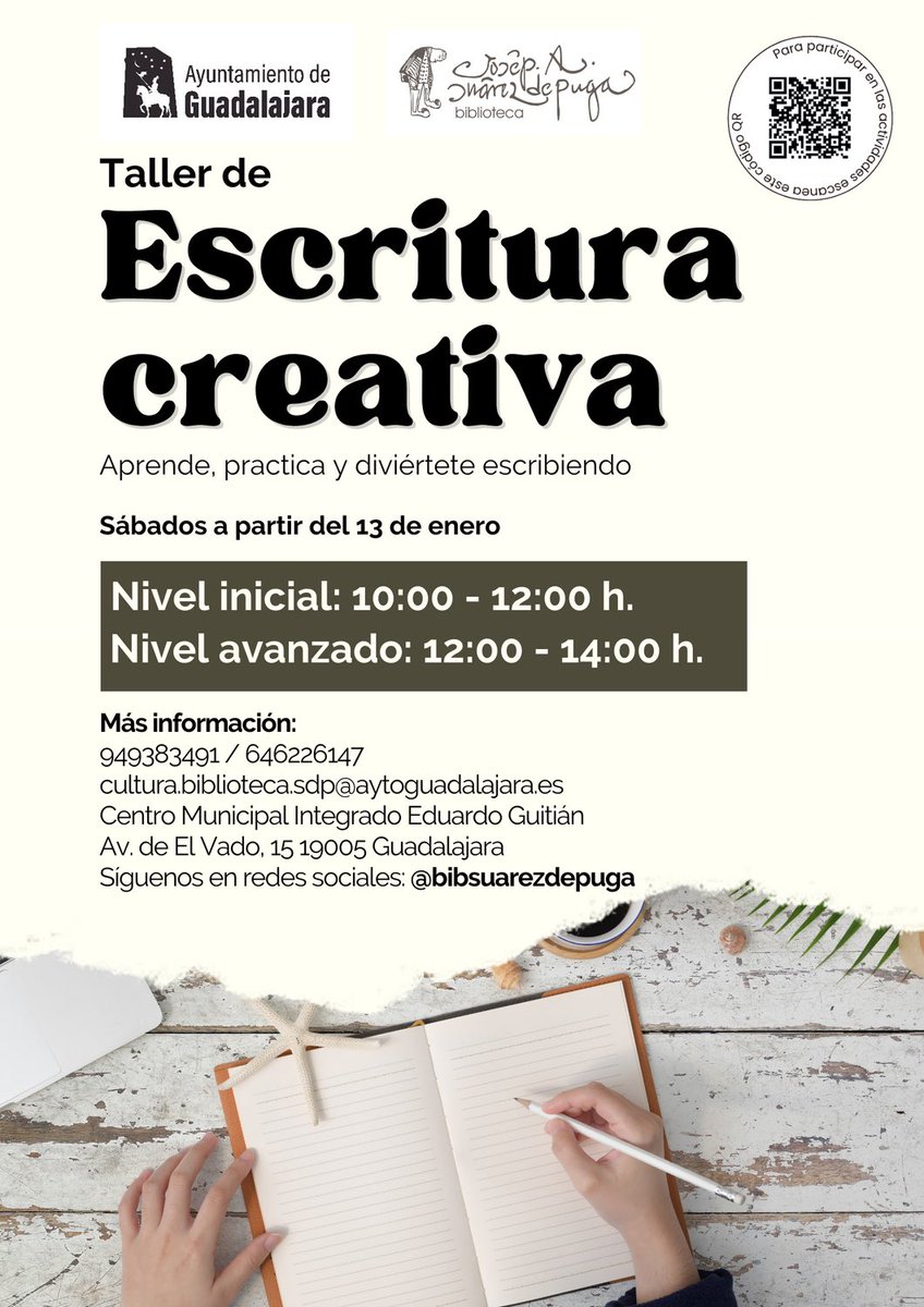 Si queréis participar en un “Taller de escritura” muy chulo y gratuito, aquí os dejo la información. Es en Guadalajara hasta junio. Os aseguro que la experiencia es genial 😊
