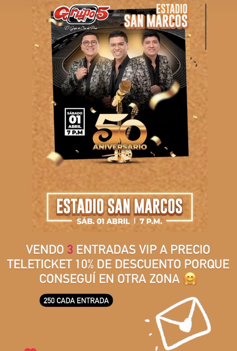 MarthaP's tweet "Hola!! Vendo 3 entradas VIP para grupo 5 a precio