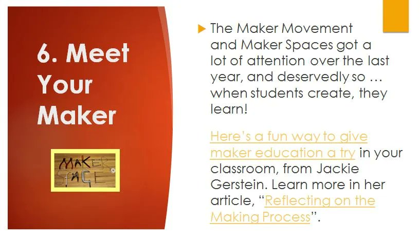 EmergingEdTech's tweet image. 27 MEANINGFUL &amp;amp; FUN WAYS TO #EDTECH that never get old! No. 6 &quot;MEET YOUR MAKER!&quot; MAKE IT buff.ly/2S5ODFI #studentcenteredlearning #gamification #maker