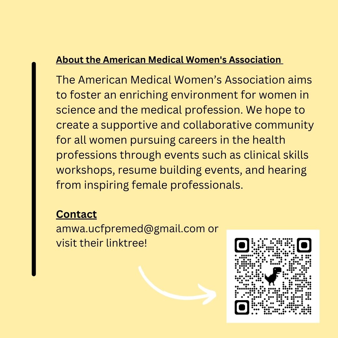UCF Pre-Med Knights, are you interested in joining an RSO all about✨ "empowering women in medicine to assist and support their premed journey"?✨ Look no further! The American Medical Women's Association could be for you. Swipe to learn more 👉