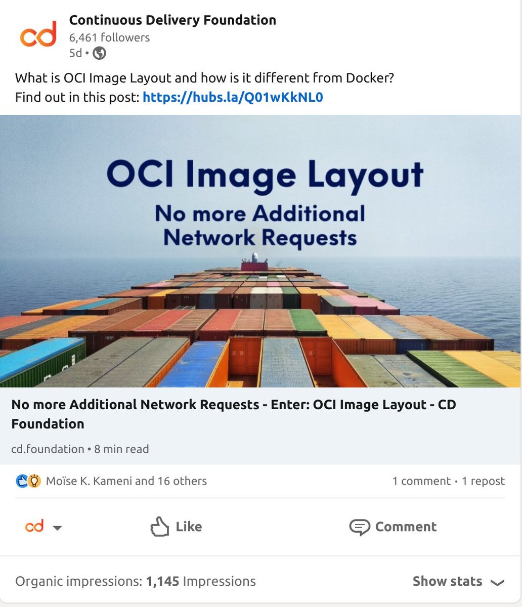 developer-guy (@developerguyba) on Twitter photo I wrote a blog post about the OCI Image Layout, impressed by the talk by <a href="/sudo_bmitch/">Brandon Mitchell ๐๐บ๐ฆ๐</a>, and it was published on the <a href="/CDeliveryFdn/">Continuous Delivery Foundation (CDF)</a> blog a while ago. The <a href="/CDeliveryFdn/">Continuous Delivery Foundation (CDF)</a> told me it got over 1K hits on LinkedIn, which is awesome ๐ฅณ
cd.foundation/blog/communityโฆ I wrote a blog post about the OCI Image Layout, impressed by the talk by <a href="/sudo_bmitch/">Brandon Mitchell ๐๐บ๐ฆ๐</a>, and it was published on the <a href="/CDeliveryFdn/">Continuous Delivery Foundation (CDF)</a> blog a while ago. The <a href="/CDeliveryFdn/">Continuous Delivery Foundation (CDF)</a> told me it got over 1K hits on LinkedIn, which is awesome ๐ฅณ
cd.foundation/blog/communityโฆ