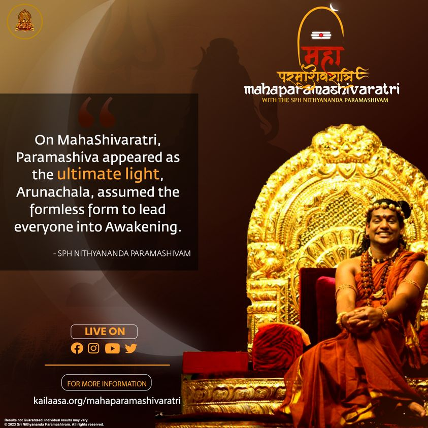 SriNithyananda's tweet photo. "On MahaShivaratri, Paramashiva appeared as the ultimate light, Arunachala, assumed the formless form to lead everyone into Awakening." SPH Nithyananda Paramashivam
Celebrate MahaParamashivaratri with the SPH Nithyananda Paramashivam. Read more: https://t.co/pAiTihlaRF https://t.co/hAiQHWSwSc