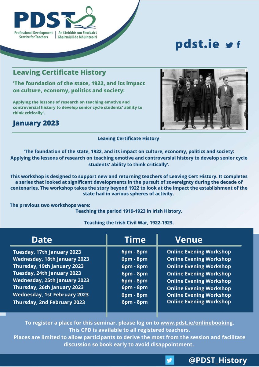 The <a href="/PDST_History/">PDST_History</a> team are looking forward to welcoming LC History teachers to our upcoming online evening workshops, "The foundation of the state, 1922, and its impact on culture, economy, politics and society".

Details below 👇<a href="/PDST_History/">PDST_History</a> <a href="/PDSTie/">PDST</a>