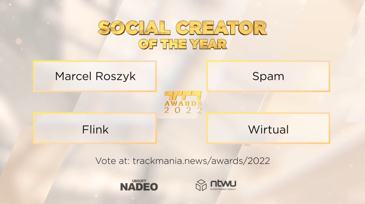 Trackmania_News's tweet photo. Our 4 nominees for the Social Creator of the Year in these 🏆#TMAwards22 are:

@MarcelRoszyk 
@Spammiejj 
@FlinkTM 
@Wirtual 

Listen to why they were chosen with @TMGGeek 
🎥https://t.co/0rrS6H8Uw6 https://t.co/P32X0XOrYd