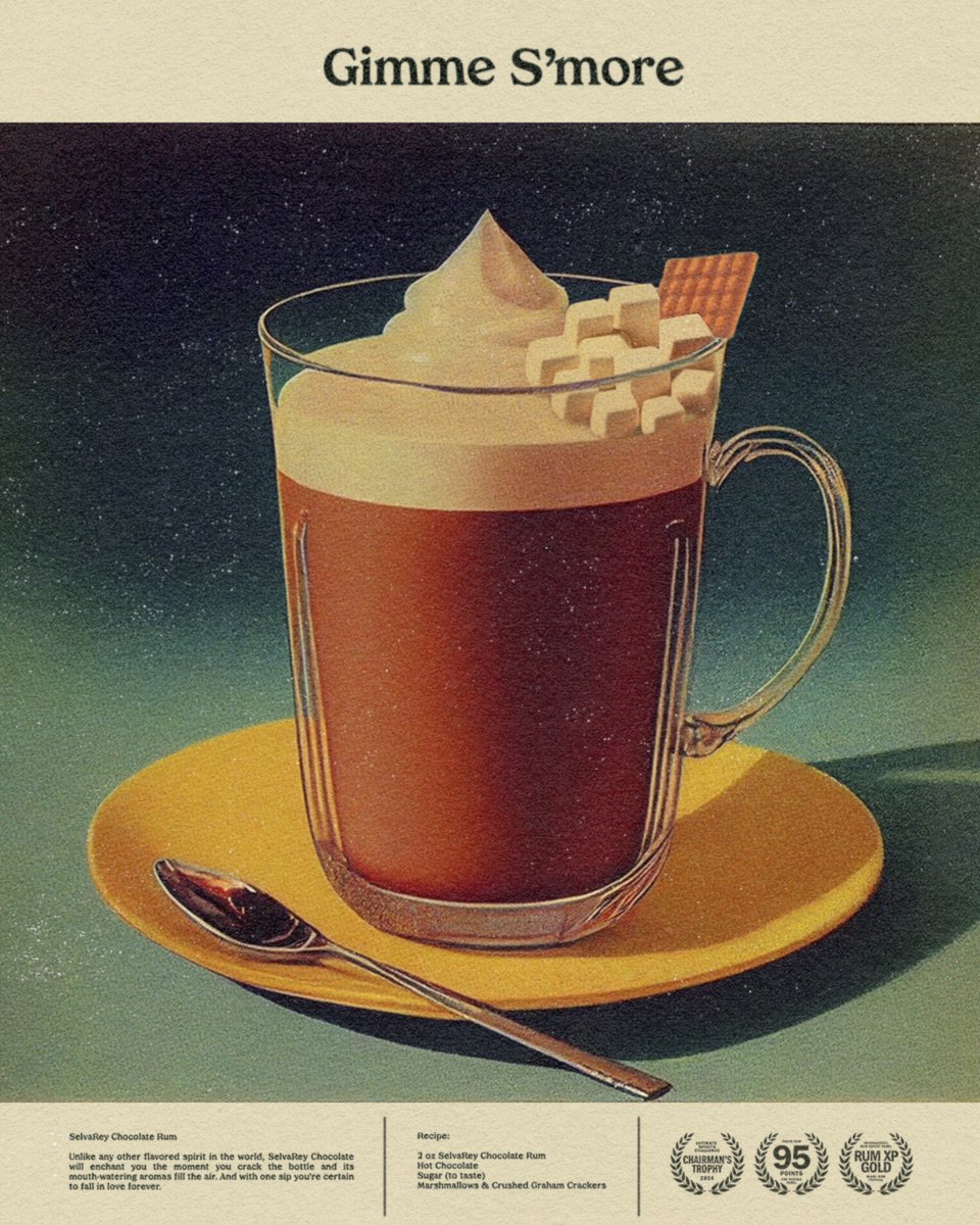 SelvaReyRum's tweet photo. Gimme S'more
• 2 oz SelvaRey Chocolate Rum
• Hot Chocolate
• Sugar to taste 
• Marshmallows
• Crushed Graham Crackers
Add SelvaRey Chocolate Rum to a mug of hot chocolate. Top with marshmallows &amp; crushed graham crackers. #SelvaReyRum #TropicalLuxury #BoozyHotChocolate https://t.co/BTdwggqTEa