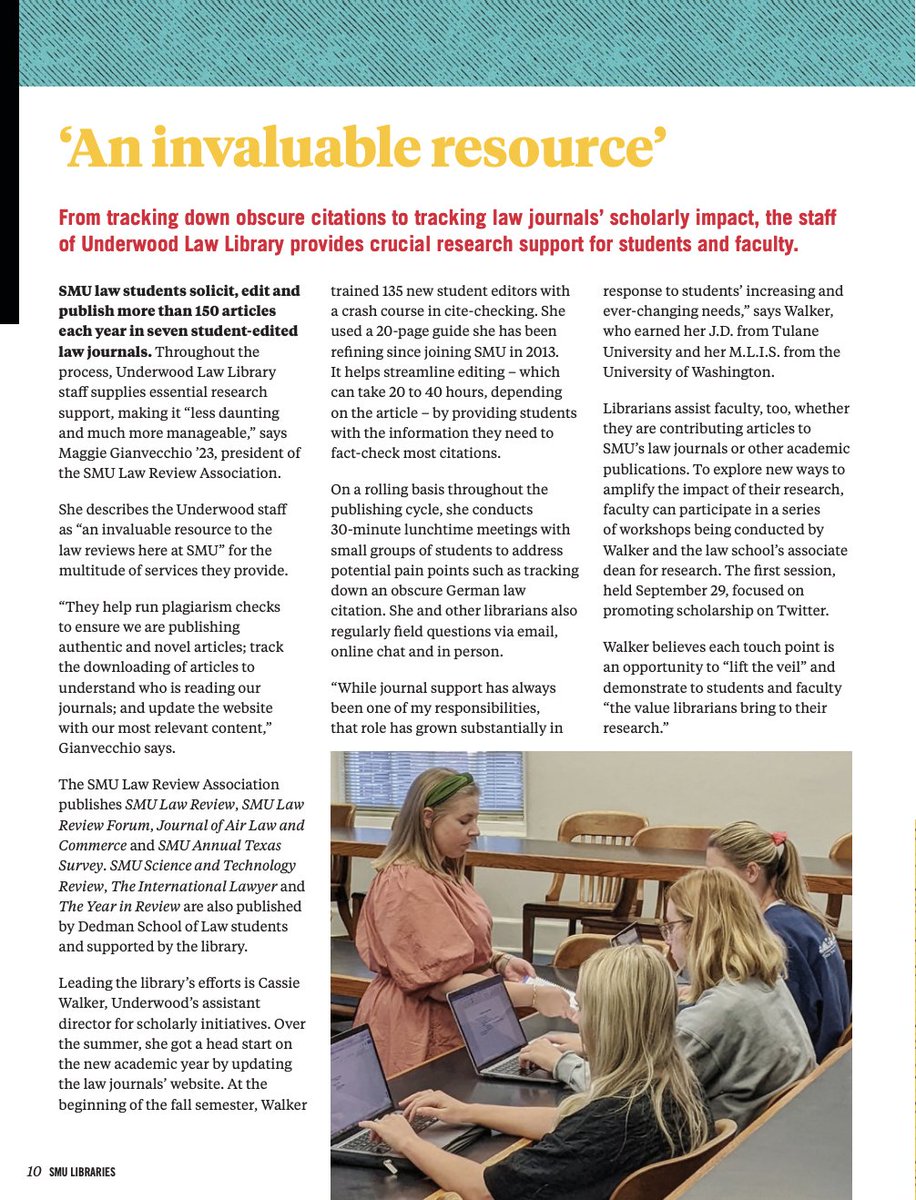 SMU Law Library (@smulawlibrary) on Twitter photo We are so proud to be featured in the recent issue of SMU Libraries Newsletter (page 10!) highlighting our support of faculty research and our <a href="/SMULawSchool/">SMU Dedman School of Law</a> law journals, too! smu.edu/-/media/Site/L… We are so proud to be featured in the recent issue of SMU Libraries Newsletter (page 10!) highlighting our support of faculty research and our <a href="/SMULawSchool/">SMU Dedman School of Law</a> law journals, too! smu.edu/-/media/Site/L…