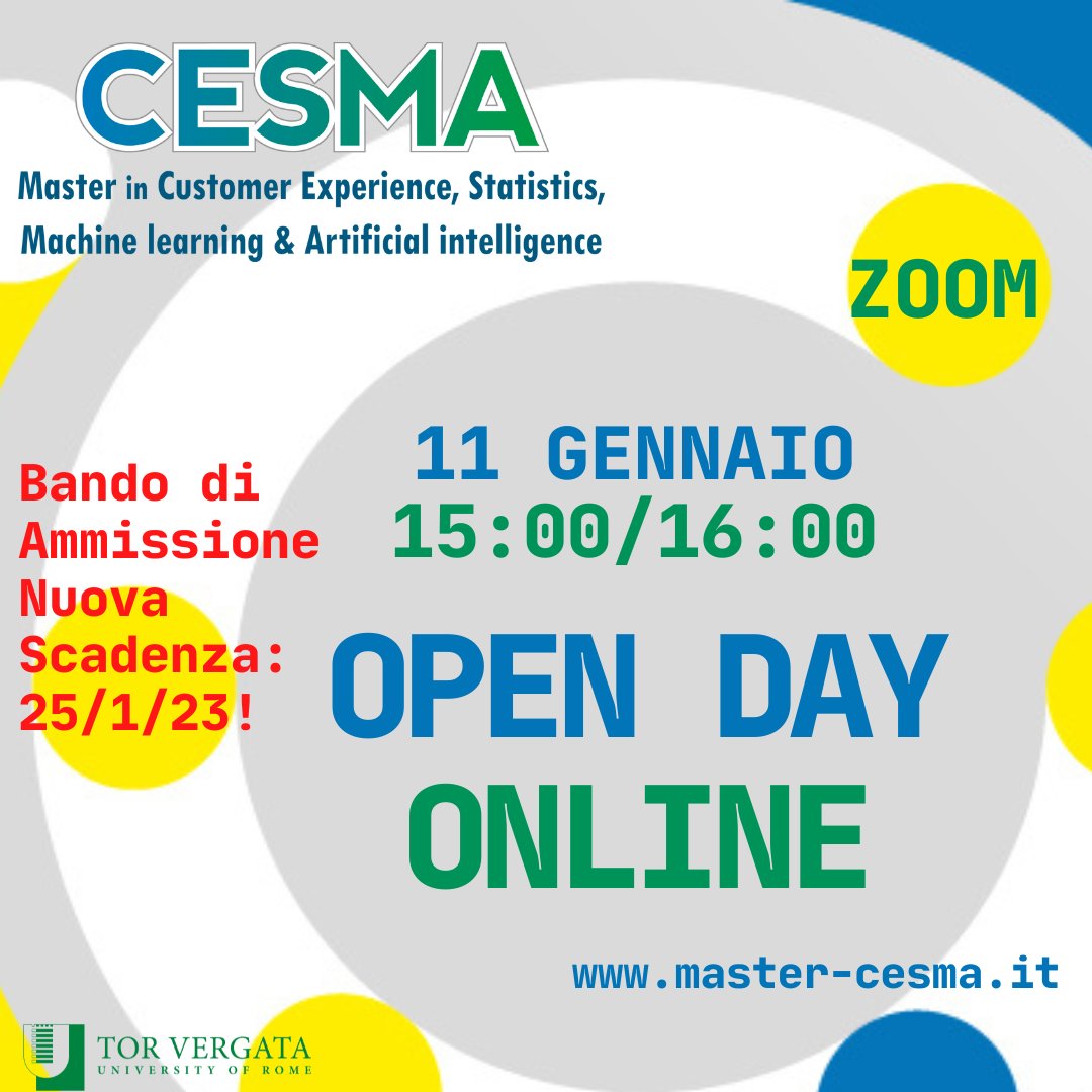 Ultimo OPEN DAY ONLINE del @master_cesma!
qui il link zoom: master-cesma.it/home/242-2451/…

👉PROROGATA la scadenza del Bando di Ammissione al @master_cesma – Master di II livello in #customerexperience, #statistics, #machinelearning &amp; #artificialintelligence al 25 GENNAIO 2023
