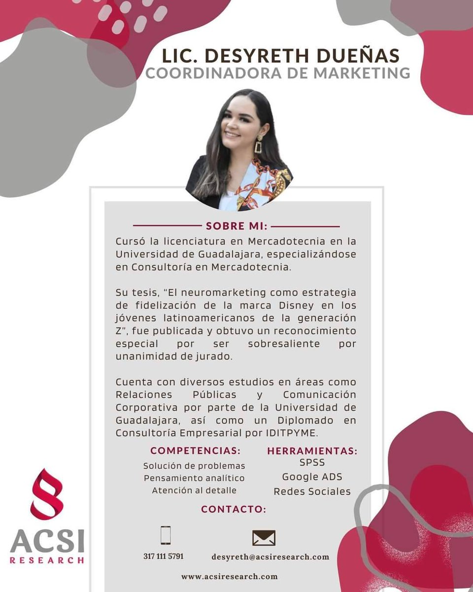 Tenemos el gusto de compartirles al gran equipo que tenemos en ACSI Research🔍. Ella es la Lic. Desyreth Dueñas, Coordinadora de Marketing 📈📊 que nos comparte un poco sobre ella y lo que aporta al equipo todos los días con pasión y profesionalismo.
.
.
.
#OrgulloACSIResearch