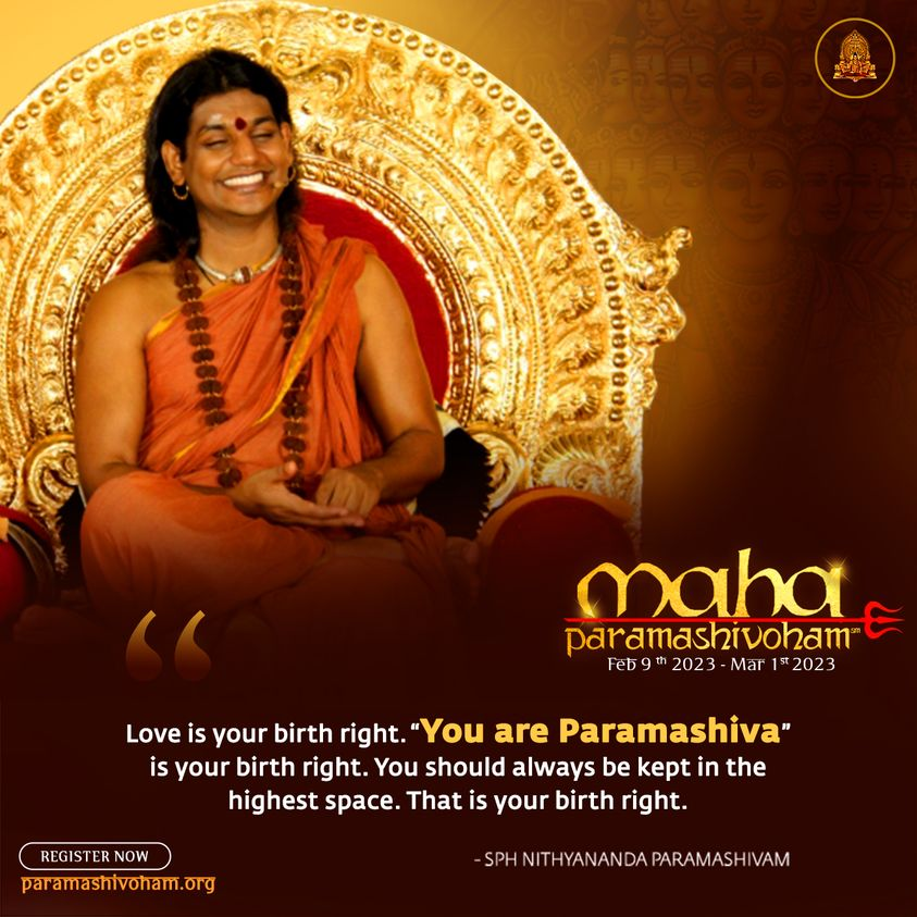 SriNithyananda's tweet photo. "Love is your birth right. “You ARE Paramashiva” is your birth right. You should always be kept in the highest space. That is your birth right." SPH Nithyananda Paramashivam
Come and experience your HIGHEST space, your HIGHEST Existence! Join: https://t.co/MWvBM43Ltx https://t.co/yAOWBbJv9l