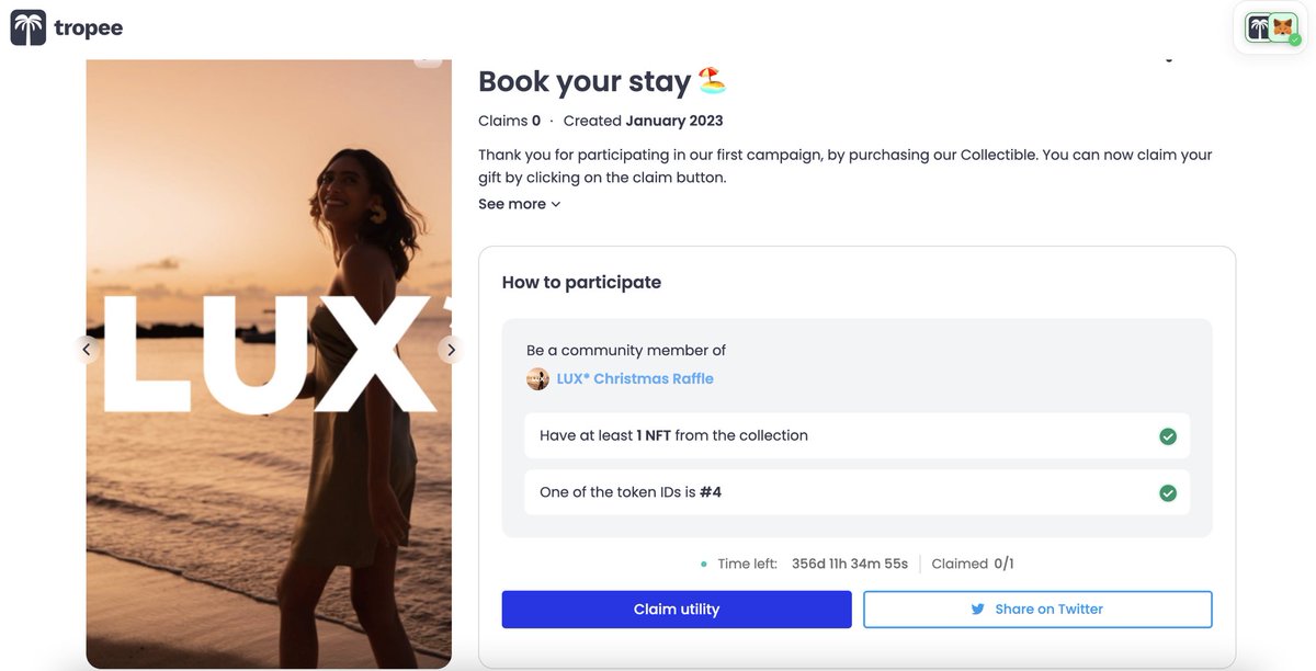 All utilities are linked to <a href="/luxresorts/">LUX* Resorts & Hotels</a> NFTs 🏝

Benefits are available on the <a href="/tropee/">JON</a> partner platform

🔗 tropee.com/p/lux-christma…

Claim your stay in Mauritius or in Maldives now 📆