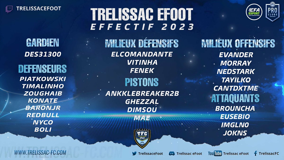 Trelissac eFoot 🇨🇵 (@trelissacefoot) on Twitter photo 🚨 EFFECTIF 
Nous avons le plaisir de vous présenter notre effectif pour la saison 2 sur <a href="/eSportFA_FR/">ESPORT FOR ASSOCIATIONS</a> ! 🔵🟡
L’équipe sera encadrée par @Evander_10x et <a href="/xVitinha8x/">Volta Calcio</a> au poste de GM ! 🔥
<a href="/ginotfc/">GinoTFC</a> <a href="/trelissacfc/">Trélissac Antonne Périgord FC</a> @albernyjohan 🚨 EFFECTIF 
Nous avons le plaisir de vous présenter notre effectif pour la saison 2 sur <a href="/eSportFA_FR/">ESPORT FOR ASSOCIATIONS</a> ! 🔵🟡
L’équipe sera encadrée par @Evander_10x et <a href="/xVitinha8x/">Volta Calcio</a> au poste de GM ! 🔥
<a href="/ginotfc/">GinoTFC</a> <a href="/trelissacfc/">Trélissac Antonne Périgord FC</a> @albernyjohan