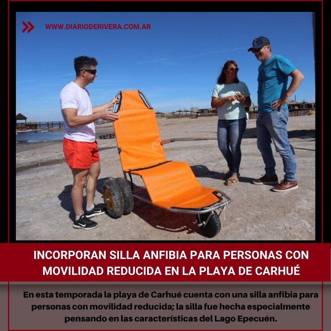 DiarioDeRivera's tweet photo. Incorporan silla anfibia para personas con movilidad reducida en las playas de @Lago_Epecuen #Carhué
☛  En esta temporada la playa de Carhué cuenta con una silla anfibia para que turistas con movilidad reducida también puedan disfrutar del #LagoEpecuén 
https://t.co/DvuhcTNQYv https://t.co/GfRzI2p80b