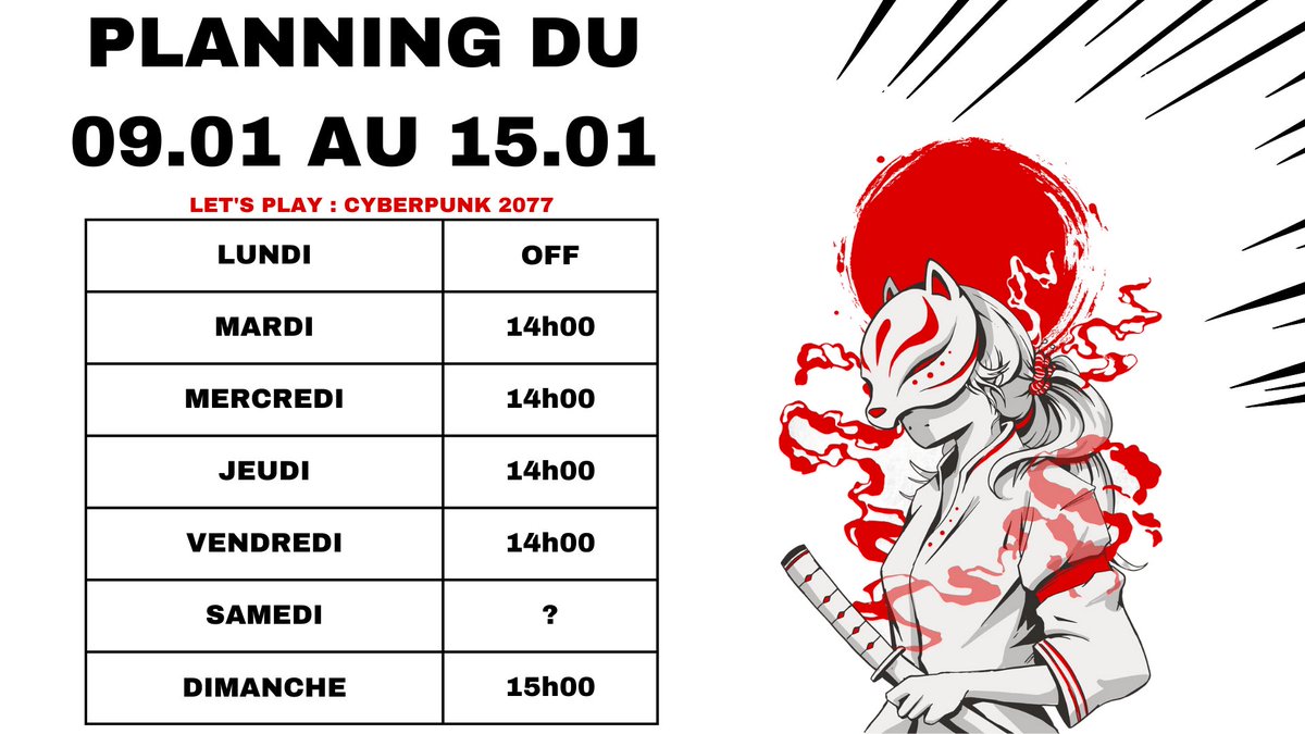 Kama2077's tweet photo. Bonjour à tous ! Voici le planning pour la semaine, je vous invite à venir discuter de temps en temps quand vous êtes disponible, ça m'aiderai grandement pour être affilié Twitch. 

Merci !

#twitch #twitchstreamer #stream #gaming #live #twitchfr https://t.co/bMcAhjMCPa