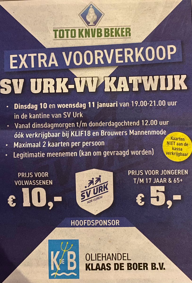 Geen kaarten aan de kassa. Alleen voorverkoop mensen, geef het door! Dit heeft overigens niet met onwil, maar met het maximaal garanderen van uw veiligheid te maken <a href="/KNVB/">KNVB</a> <a href="/vvkatwijk/">VV Katwijk</a> <a href="/UrkFM/">Publ. Omroep Urk FM</a> <a href="/OmroepFlevoland/">Omroep Flevoland</a> <a href="/NrdoostpolderNL/">Noordoostpolder</a> <a href="/heturkerland/">Het Urkerland</a> Retweet = Top #norvuren